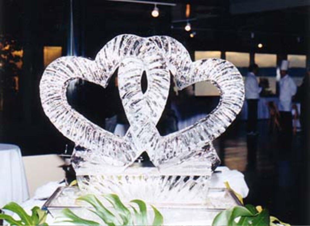 Interlocked hearts ice sculpture for romantic celebrations
